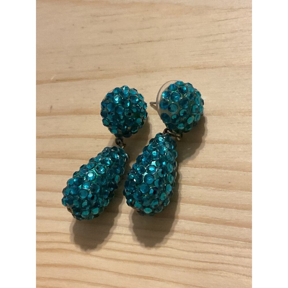 Vintage Aqua Blue Rhinestone Drop Earrings Teardrop & Round Stud Design Elegant